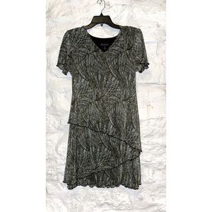 Pleated Leaf Print Dress – Earthy Green & Brown Layered Ruffle Hem Midi Career